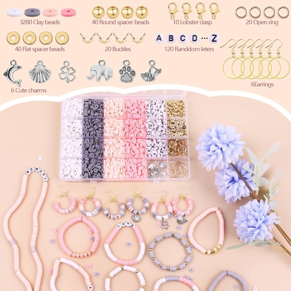 3500 st rosa grå lera pärlor kit för armband gör, polymer Heishi pärlor för smycken gör, vänskap armband kit för flickor vuxna, distanshållare låt Pink&Gray
