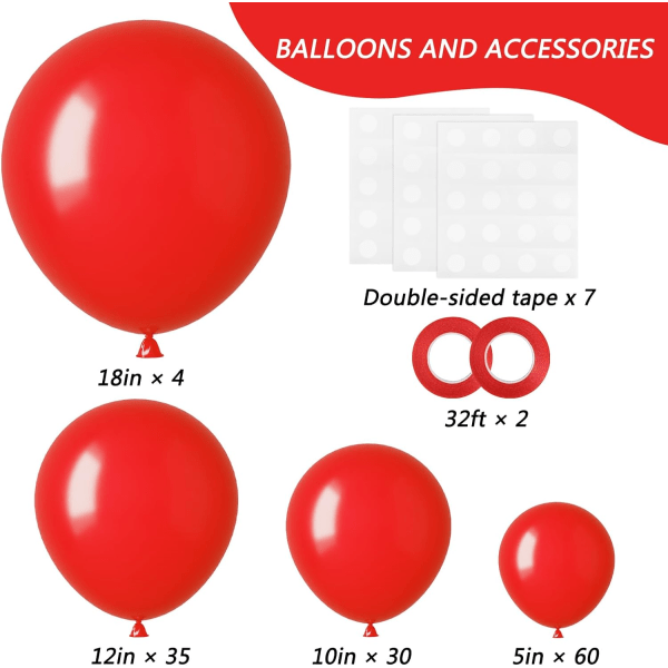 129 stk. røde balloner i forskellige størrelser 18 12 10 5 tommer til guirlandebue, premium røde latexballoner til fødselsdagsfest bryllup Valentinsdag babyshower Red