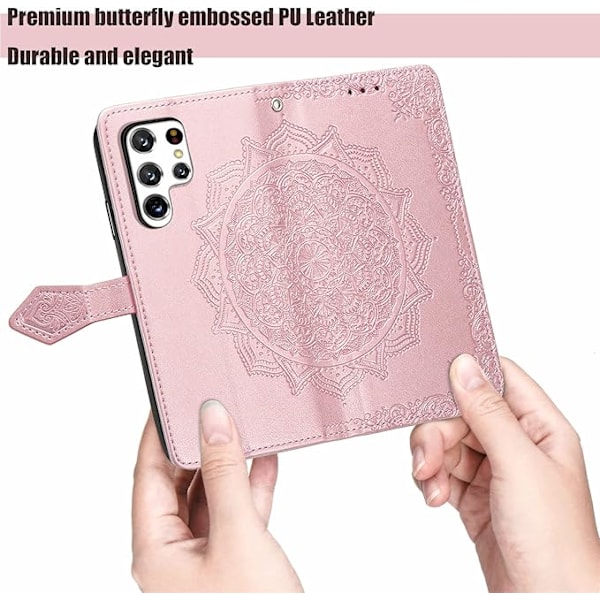 For Samsung Galaxy S22 Ultra Lommebok Etui, [Blomsterpreget] Premium PU Lær Lommebok Flip Beskyttende Telefon Deksel med Kortspor
