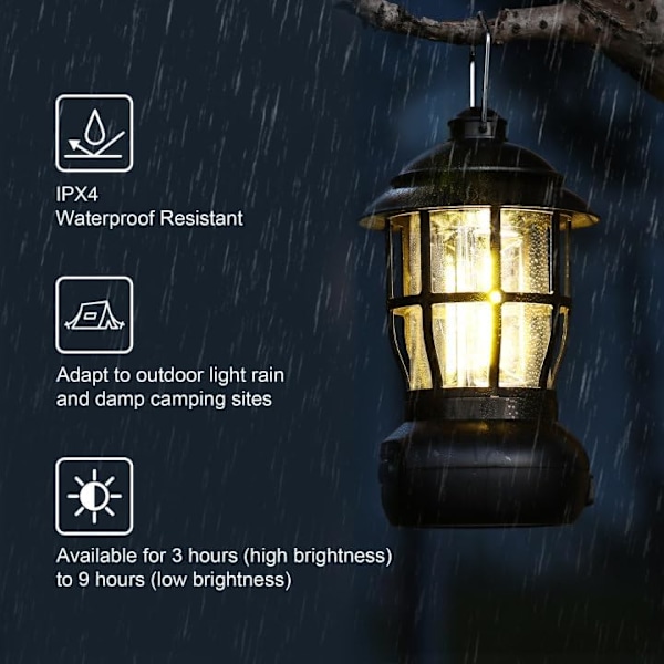 Ladattava LED-retkeilylyhty - 2 tilaa, Type-C IPX4 Vedenpitävä Ripustus katkoksille, piknikeille ja matkoille Black