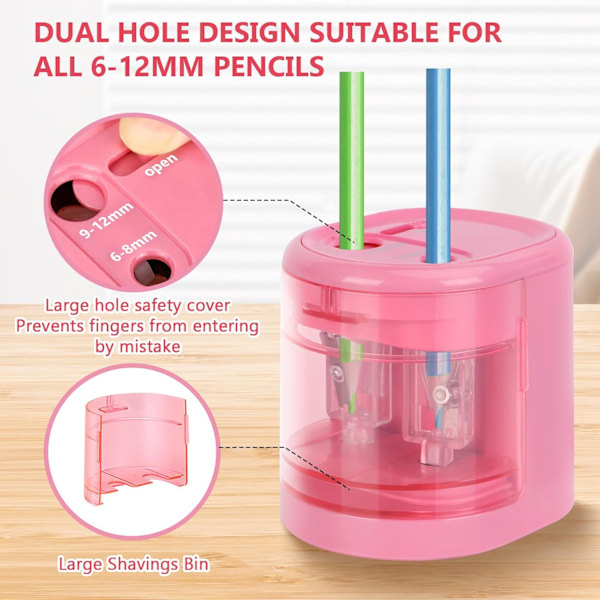 Automatisk elektrisk blyantspisser med dobbel hull design for standard- og fargeblyanter, perfekt for skole, kontor og hjemmebruk, rosa