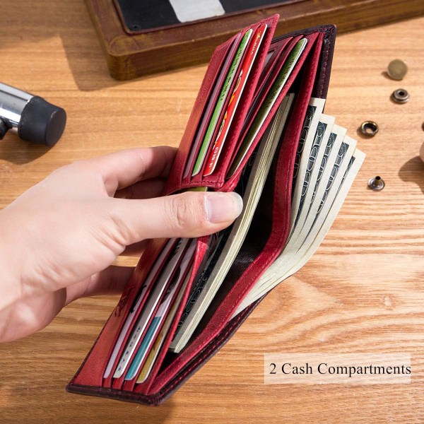 RFID-plånböcker för män, smal bifold äkta läderplånbok med 2 ID-fönster framficka QB-05 (Crimson) Crimson