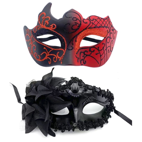 2 st maskeradmasker för män Kvinnor Par Halloween Dress-Up Mardi Gras Carnival Party Masker（Svart röd）