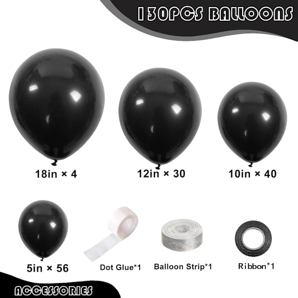 130 st Svart Ballongbåge Kit - 18, 12, 10, 5 Tum Matt Svart Latex Ballonggirlang för Födelsedag, Examen, Bröllop, Högtidsfest