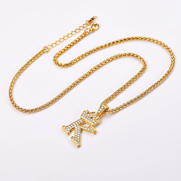 Krone Initial A-Z Halskjede, Iced Out Bokstavanheng med 22-24 Tommers Kjede, Menn Kvinner Bling Hip Hop Alfabet Navn Smykker Gave Store Initialer Halskjeder K 18K Gold