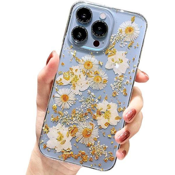 iPhone 12 Pro -kuori kukkakuvioilla, söpö kirkas glitter puristettu aito kukka päivänkakkara design pehmeä ohut suojaava kukka-kuori naisille ja tytöille