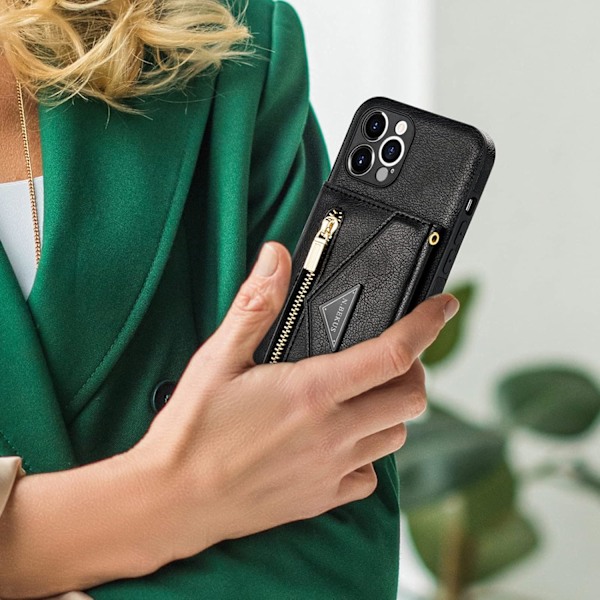 Plånboksfodral Crossbody för iPhone 12 med Snodd, Kreditkortshållare, PU Läder Skyddande Handväska Dragkedja Plånbok Ställ