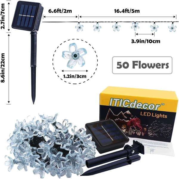 Udendørs solcelledrevne blomsterlyskæder, vandtætte 50 LED-lysdekorationer til juletræ, have, terrasse, hegn, gård, forår (koldt hvidt) Cool White