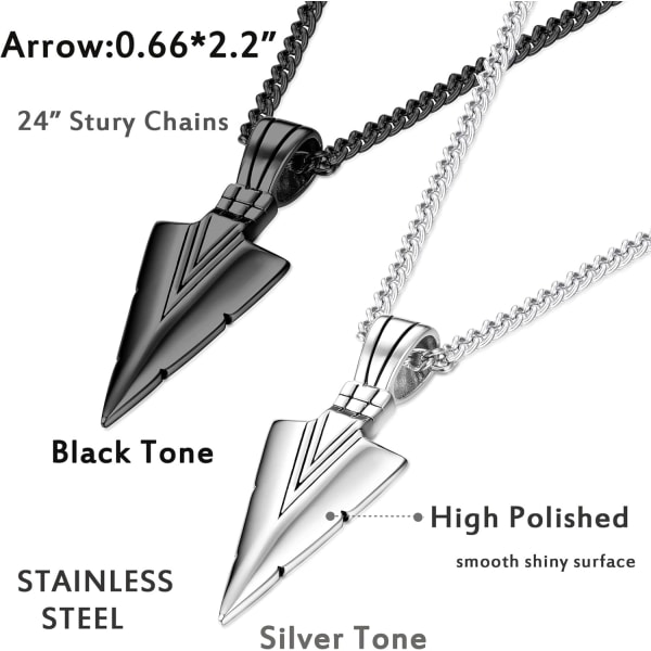 Hänge i rostfritt stål för män, cool spjutspets, pilspets, halsbandskedjeset, svart och silverfärgad