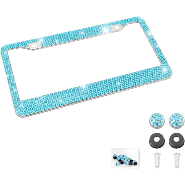 Bling Bilskylt Ram, Glittrande Rhinestone Rostfritt Stål Bilskylt Omslag/Hållare, Universell för de Flesta Bilar, SUV:ar, Fordon med Skruvset, Light Blue
