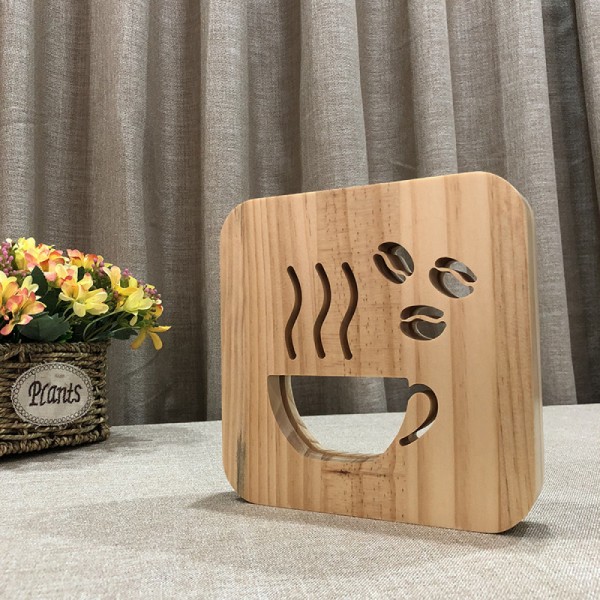 LED Coffee Night Light, Carved Wooden 3D Light, Three-dimensional Light, Creative Wooden Decorative Atmosphere Small Table Lamp