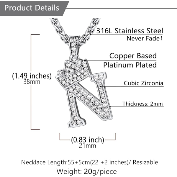 Krone Initial A-Z Halskjede, Iced Out Bokstavanheng med 22-24 Tommers Kjede, Menn Kvinner Bling Hip Hop Alfabet Navn Smykker Gave Store Initialer Halskjeder N Silver