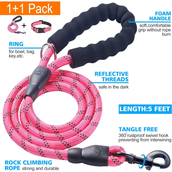 Reflekterende Hundehalsbånd Polstret med Blød Neopren Åndbar Justerbar Nylon Hundehalsbånd til Små Mellemstore Store Hunde (Medium (Pakke med 1), Pink Halsbånd+ Pink Collar+Leash M