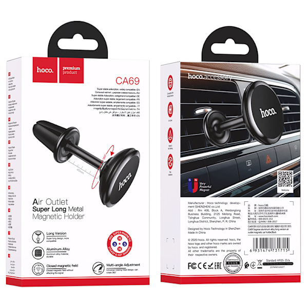 hoco. CA69 Zhixing aluminiumlegering udvidet version luftudtag magnetisk suge bilholder bil mobiltelefon navigationsholder