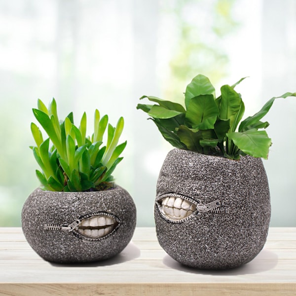 2 stk Blomsterpot Glidelås Tann Form Harpiks Dekorativ Praktisk Enkel Stil Ansikt Bonsai Potter for Balkong Skrivebord