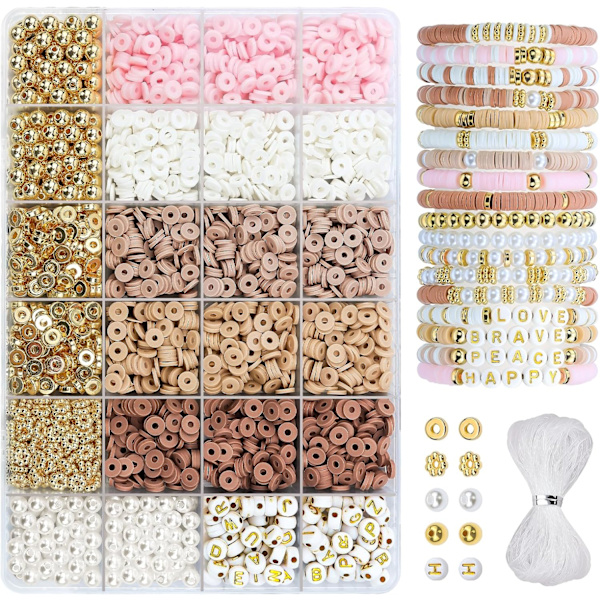 Armbandssats i lera, 2370 st platta polymerlera Heishi-pärlor Armbandssats för flickor Vuxna, DIY vänskapsarmbandssats med guld pärlor Lett