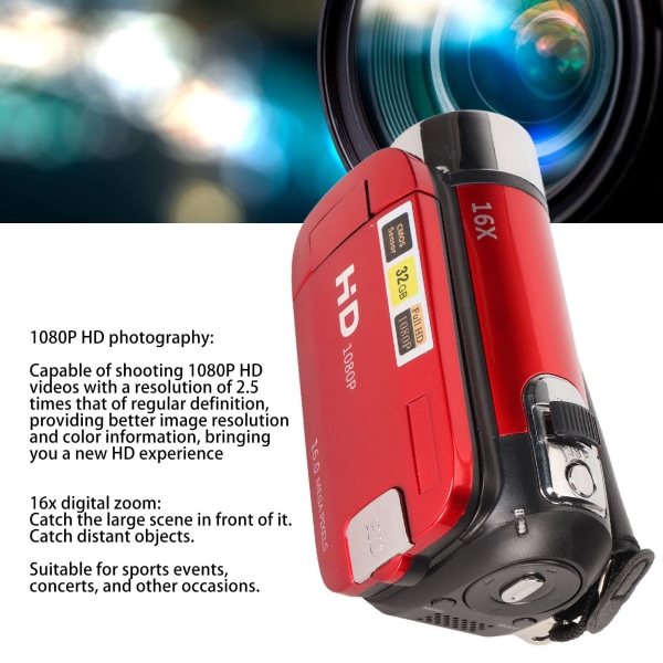 Digitalkamera 1080P 16MP HD 16X Zoom Anti Shake Handhållen Inbyggd Mikrofon Videokamera med LED-fyllningsljus Red