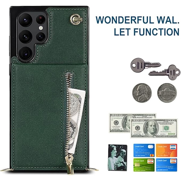 Læderpung til Samsung Galaxy S22 Ultra 5G Crossbody Taske med Rem Snøre Kreditkort Holder 6.8'' Støtteben Flip Cover
