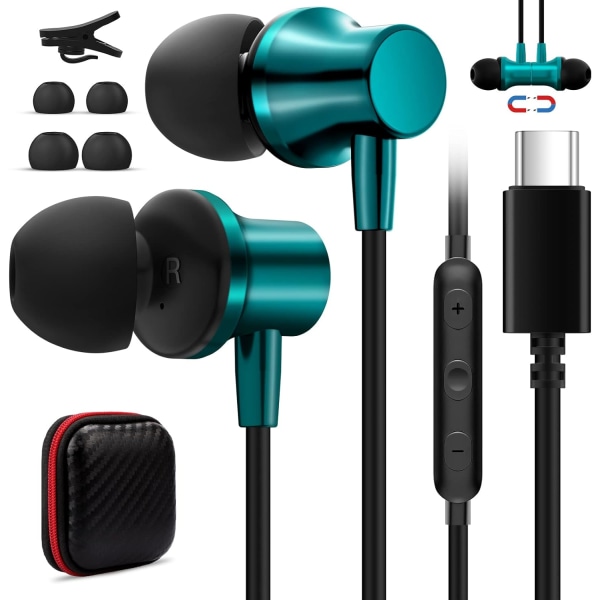 USB C-hörlurar för iPhone 15, USB Typ C-hörlurar Trådbundna magnetiska brusreducerande in-ear-hörlurar med mikrofon för iPad Samsung Galaxy S24 Ultra S23 FE Green