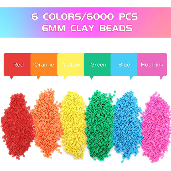 6000 st Polymerlera Pärlor Armband Tillverkningssats, Regnbåge Heishi Pärlor Polymerlera Pärlor för Smyckestillverkning, Vänskapsarmband Kit för Flickor Vuxna Present (6 Rainbow