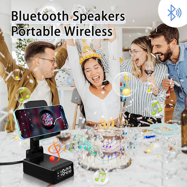 4 i 1 Bluetooth-högtalarväckarklocka med trådlös laddare och mobiltelefonhållare, bärbar hopfällbar mobiltelefonhållare ljudklocka present