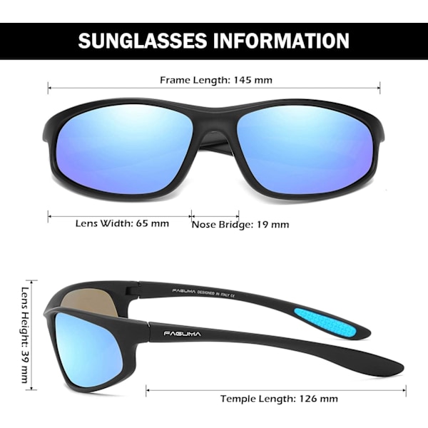 Polarisoidut urheiluaurinkolasit miehille pyöräilyyn, ajoon ja kalastukseen, 100 % UV-suoja Black Frame Blue