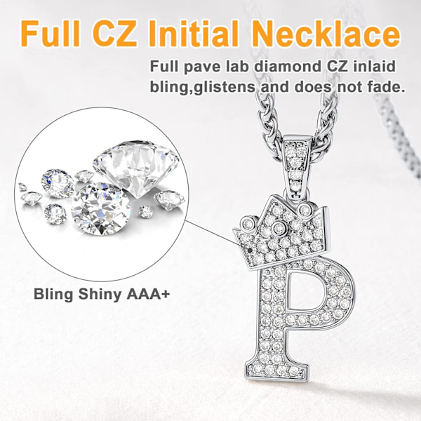 Krone Initial A-Z Halskjede, Iced Out Bokstavanheng med 22-24 Tommers Kjede, Menn Kvinner Bling Hip Hop Alfabet Navn Smykker Gave Store Initialer Halskjeder P Silver
