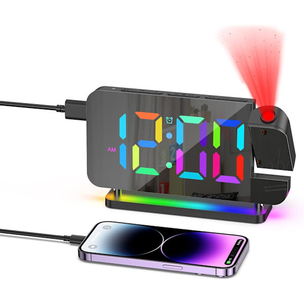 Projektionsväckarklocka, 7-tums RGB digital väckarklocka med 10 färgers nattlampa, digitala klockor Projektion på takvägg 180° roterbar, 6-nivåers Br white
