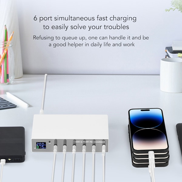 140W USB C-lader Strømadapter 6 Port PD Lader Mobiltelefon Digital Smart Hurtigladestasjon for iPhone for Android-telefon 100‑240V EU-plugg
