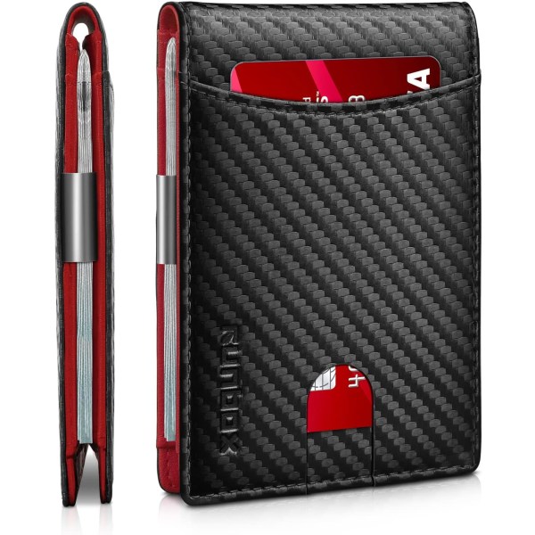 Slank pengeklipslommebok for menn RFID-blokkering 11 kortholder Minimalistisk liten skinn Bifold Men's Front Pocket Wallet Gaveeske Carbon Black n Red