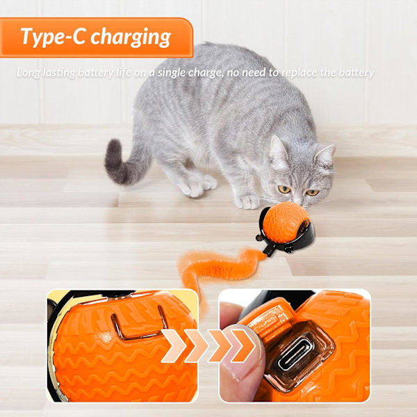 Viral Rullande Boll, Tuggleksak för Katter Hundar, Aktiv Rullande Boll med Två Svansar, Interaktiv Hund Katt Smart Bolleksak, 360° Smart orange