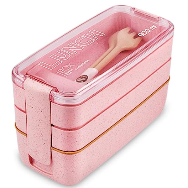 3-osastoinen pinottava Bento-lounasrasia - vehnäolki, tiivis, 900 ml - BPA-vapaa, mikroaaltouunin ja astianpesukoneen kestävä aterian valmistukseen pink
