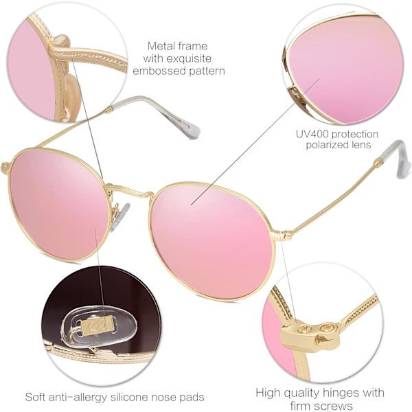 Pienet pyöreät polarisoidut aurinkolasit naisille ja miehille, klassiset vintage-retroaurinkolasit UV400 Gold Pink