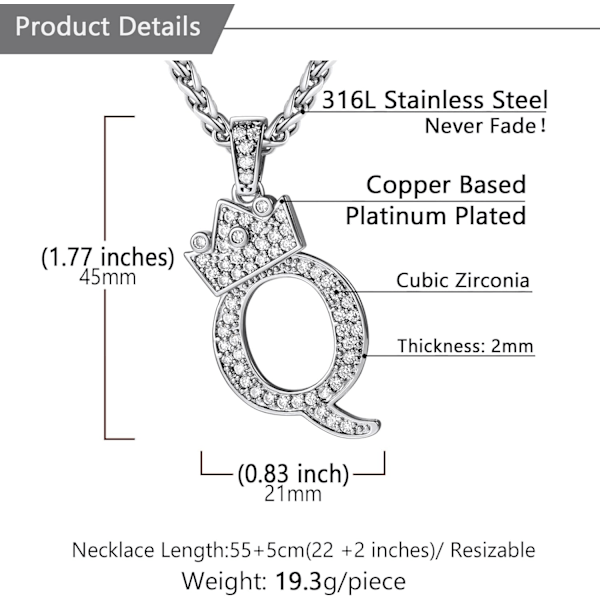 Krone Initial A-Z Halskjede, Iced Out Bokstavanheng med 22-24 Tommers Kjede, Menn Kvinner Bling Hip Hop Alfabet Navn Smykker Gave Store Initialer Halskjeder Q Silver