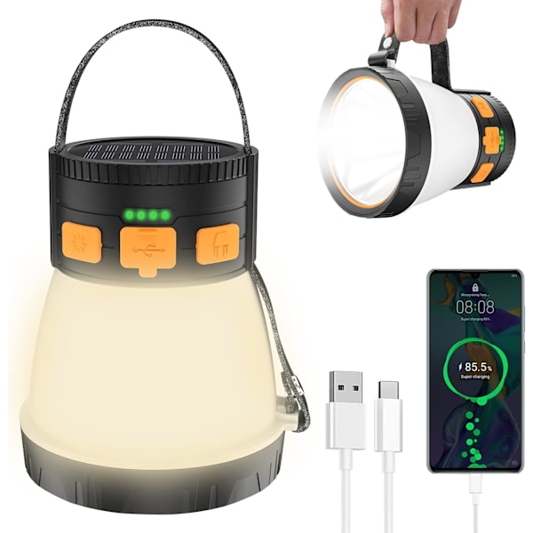 1500 lumenin LED-retkeilylyhty - aurinko- ja USB-ladattava 7500 mAh:n varavirtalähde, 8 tilaa, vedenpitävä ulkoiluun, hätätilanteisiin ja seikkailuihin Orange&Black