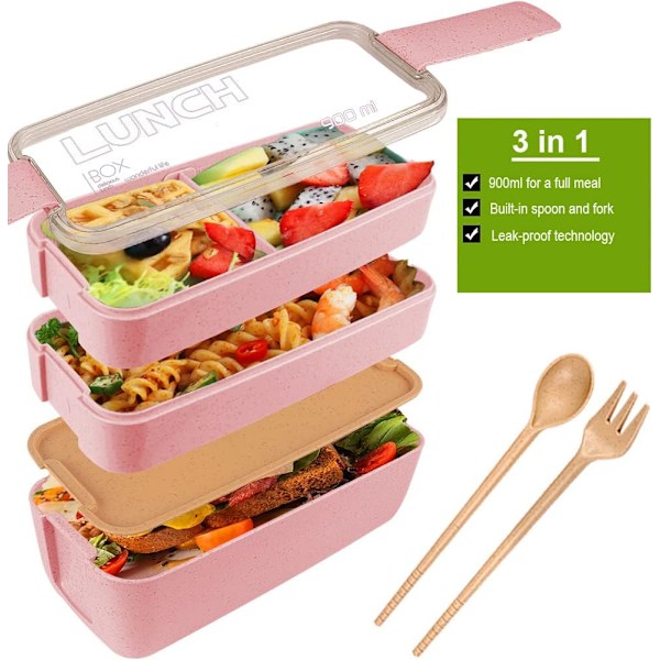 3-osastoinen pinottava Bento-lounasrasia - vehnäolki, tiivis, 900 ml - BPA-vapaa, mikroaaltouunin ja astianpesukoneen kestävä aterian valmistukseen pink