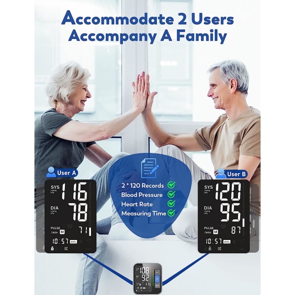 Blodtryksmålere til hjemmebrug Overarm, Nøjagtig manchet 8,7\"-15,7\" Monitor med stort baggrundsbelyst display 2 brugere 240 sæt hukommelse og HR-detektion,