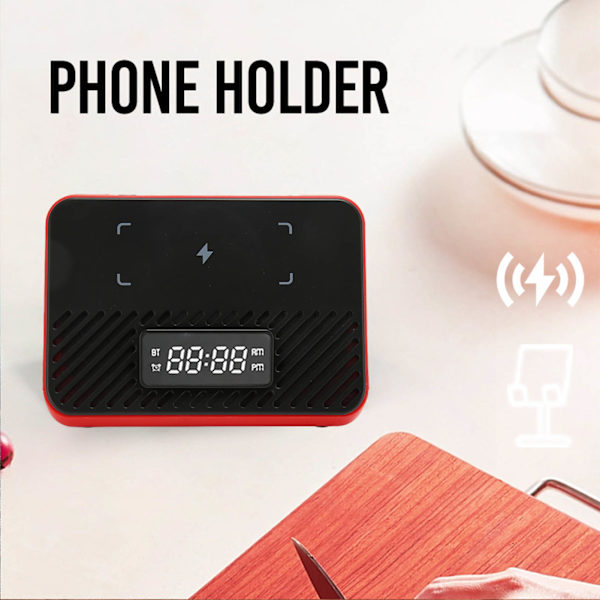 Langaton latausasema 15W 3 in 1 Langaton puhelimen laturi Bluetooth-kaiuttimella Digitaalinen herätyskello Red