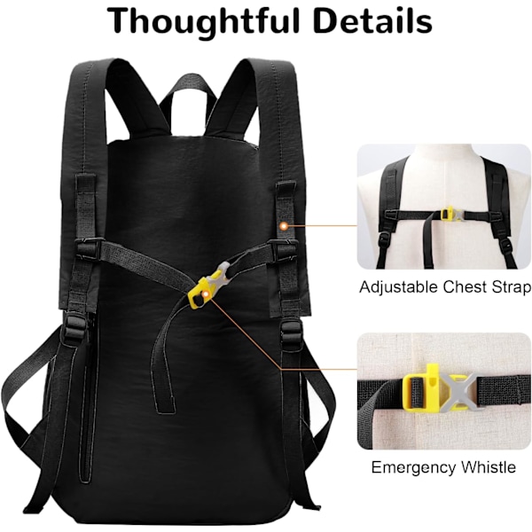 Foldbar, pakkebar vandrerygsæk - Våd - Tør adskillelseslomme, Multi - Formål Gym & Udendørs Daypack til mænd og kvinder Ideel til Adv Black 29*16*45
