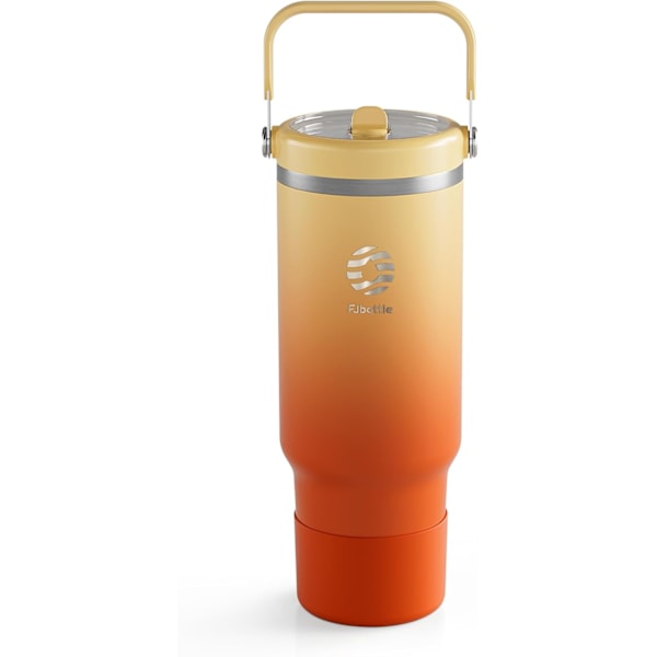 40 oz Tumbler med Sugrör och Lock Dubbelväggig Vakuumisolerad Rostfri Vattenflaska Resemugg med Handtag Kaffemugg för Varma Drycker Orange