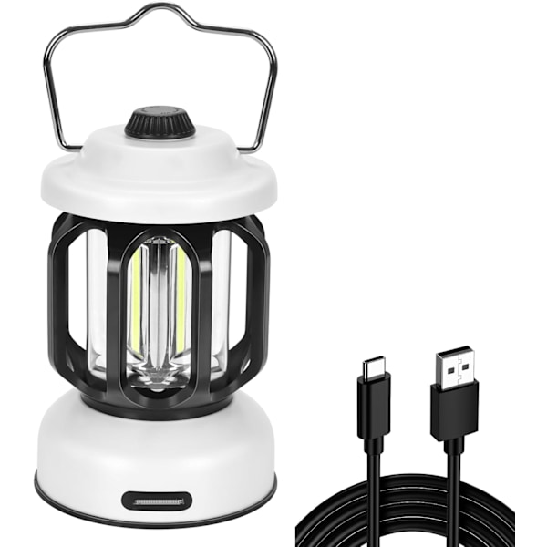 Uppladdningsbar Campinglykta - 360° Ljusstyrka Dimbar Retrodesign Hängande Vintage Lampa för Nödsituationer (3A Batteri Ingår Vit White