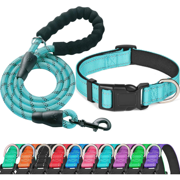 Reflekterende Hundehalsbånd Polstret med Blødt Neopren Åndbar Justerbar Nylon Hundehalsbånd til Små Mellemstore Store Hunde (Medium (Pakke med 1), Blå Halsbånd+ Blue Collar+Leash M