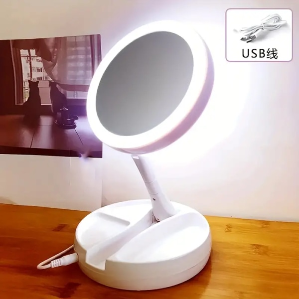 Bärbar LED-sminkspegel skrivbord med ljus hopfällbar spegel vertikalt dubbelsidigt ljus