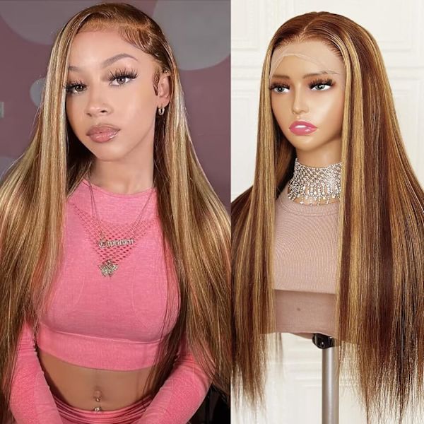Ombre Highlight Lace Front Parykk Menneskehår 180% Tetthet Honningblond Parykk Med Blonder Foran Rett 13x4 Transparent Blonder Limløs Parykk 4/27 Farget Parykk Pre P Frontal Ombre Highlight Wig 20 Inch