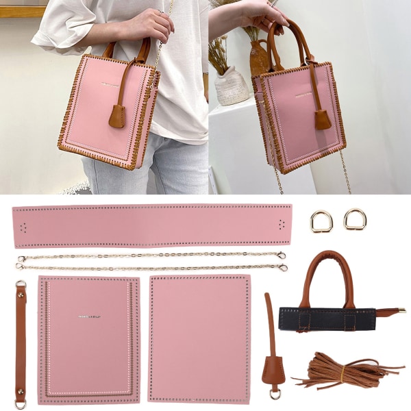 DIY-virkkauslaukku, käsintehty muodikkaan tyylinen seosnahkainen käsilaukku käsityön ystäville Pink