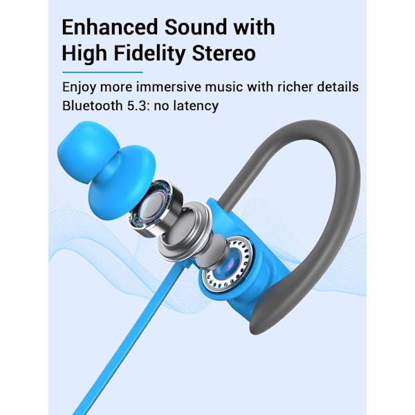 Bluetooth-hovedtelefoner, 5.3 trådløse sports-øretelefoner IPX7 vandtætte med mikrofon, stereo-svedsikre in-ear-hovedtelefoner, støjreducerende headset til fitnesscenterløb BlueGrey
