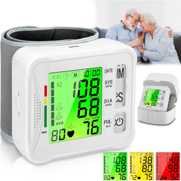 Blodtryksmåler, ny håndleds digital BP-manchet Automatisk BP-maskine Stor Tri-baggrundsbelyst skærm Genopladelig Pluse-hastighedsmåler Håndledsblod