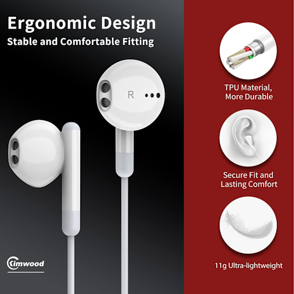 Langalliset kuulokkeet mikrofonilla, langalliset kuulokkeet korvakuulokkeet HiFi-stereo, tehokas basso ja kristallinkirkas ääni, yhteensopiva iPhonen, iPadin, An White