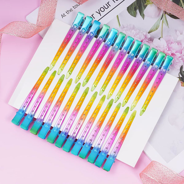 24-pack ankläppsklipp, 3,35 tum rostfria metallkrokodilklämmor med hål för hårstyling, hårfärgning Gradient Rainbow