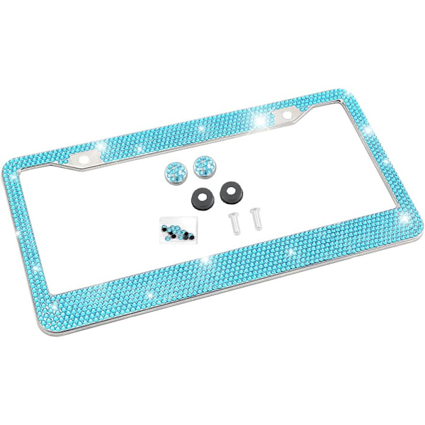 Bling Bilskylt Ram, Glittrande Rhinestone Rostfritt Stål Bilskylt Omslag/Hållare, Universell för de Flesta Bilar, SUV:ar, Fordon med Skruvset, Light Blue